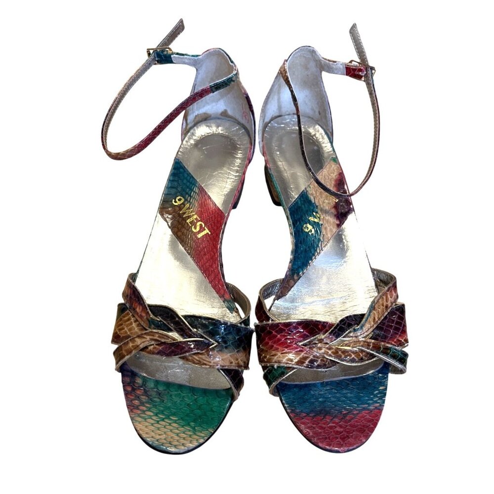 Nine West Lydia Multi-Color Snakeskin Low-Heel Sandals Size 7.5 Adjustable Ankle
